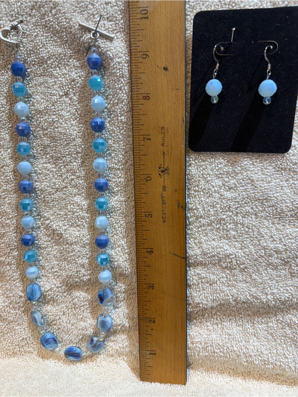 3 Shades Of Blue Necklace & Earrings Set.  Round & Rectangle Beads.  NWOT